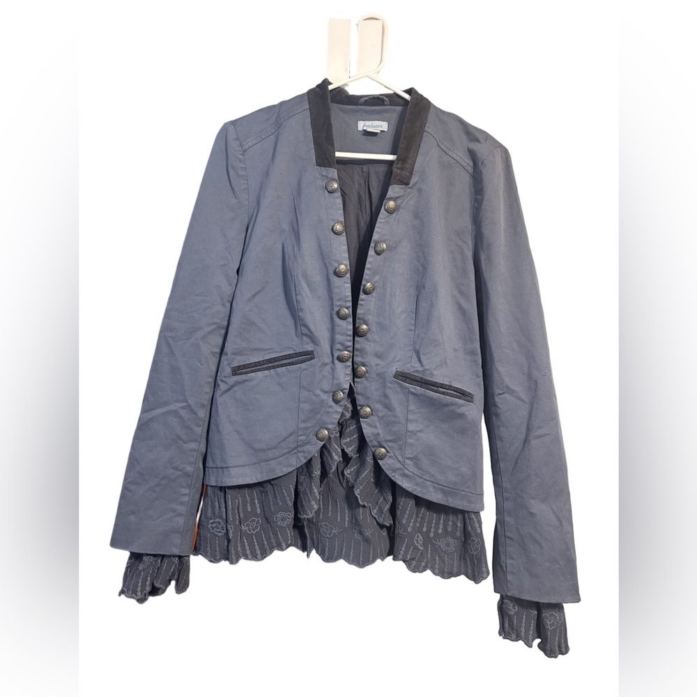 Sundance Caroline Ruffled Trim Military Button Jacket Blue Lace Hem Size Small - Picture 2 of 6